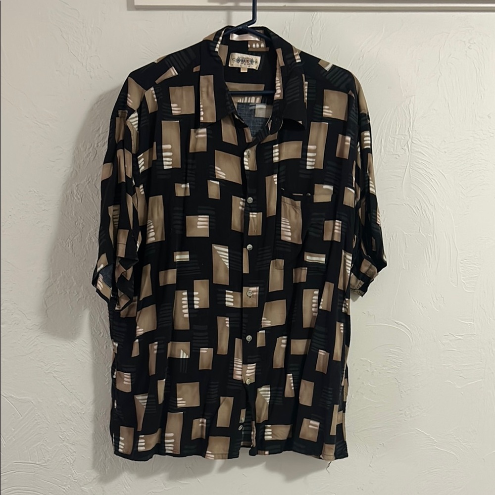 Vintage Black and Tan Geometric Button Down Hawaiian Short Sleeve Shirt